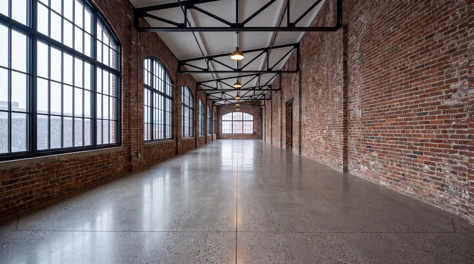 Long converted brick industrial hall with tall arched steel-framed windows, black steel trusses and a polished gray concrete floor reflecting the window light, snow falling outside.