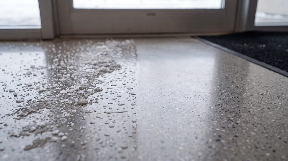 Close view of a polished concrete floor at a glass doorway with tracked-in road salt and water beads on one side and a wiped, clean surface on the other.