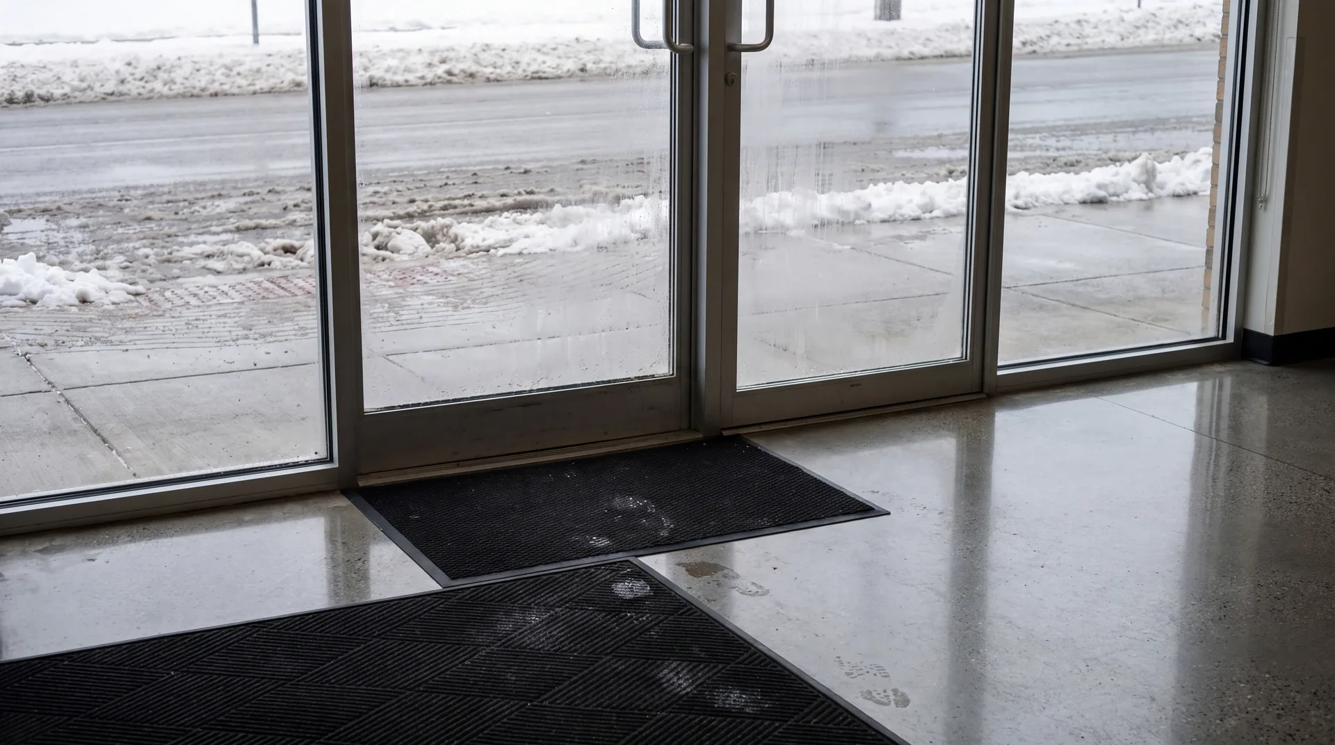 Glass entrance doors of a store on a winter day with salted slush and plowed snow outside, black entrance mats, and a polished concrete floor inside with a few wet bootprints.