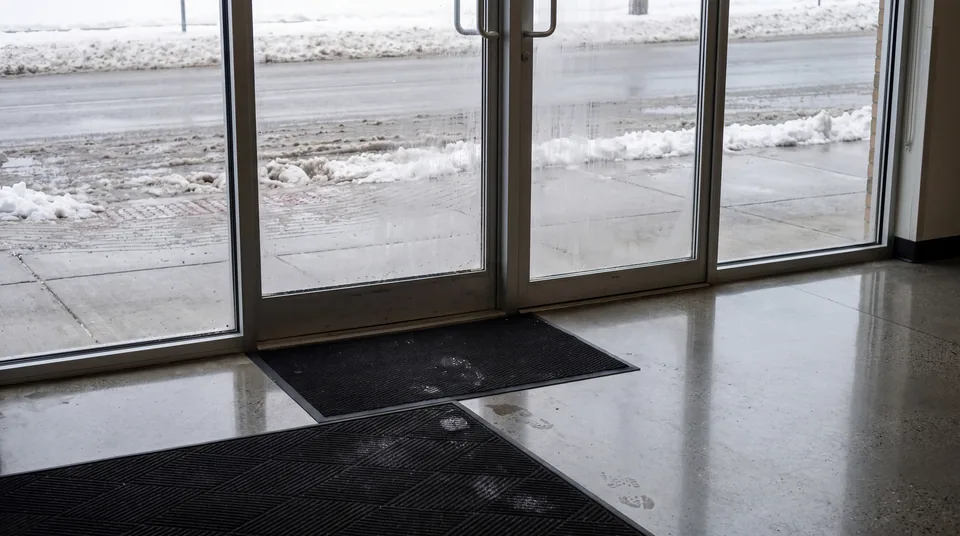 Glass entrance doors of a store on a winter day with salted slush and plowed snow outside, black entrance mats, and a polished concrete floor inside with a few wet bootprints.
