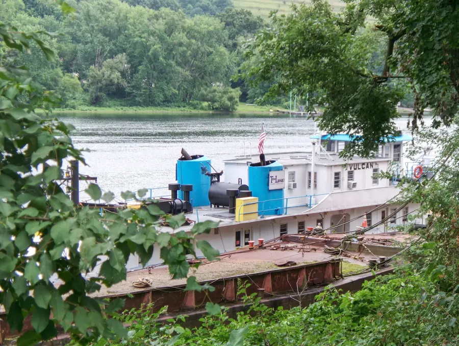 A towboat on the Ohio River at Neville Island, seen through trees
