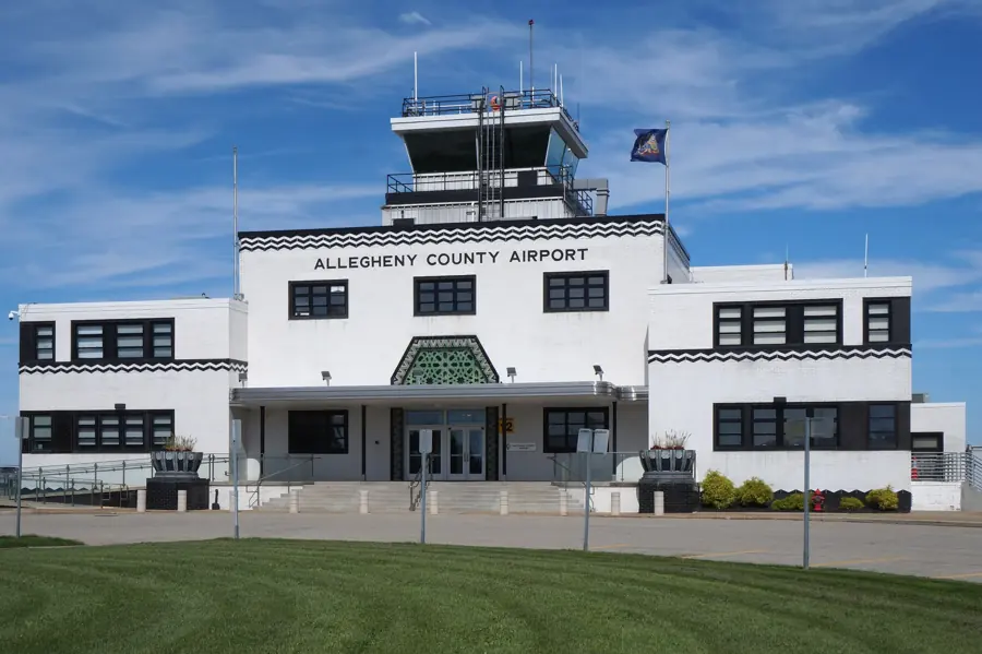 The white Art Deco terminal and control tower at Allegheny County Airport in West Mifflin