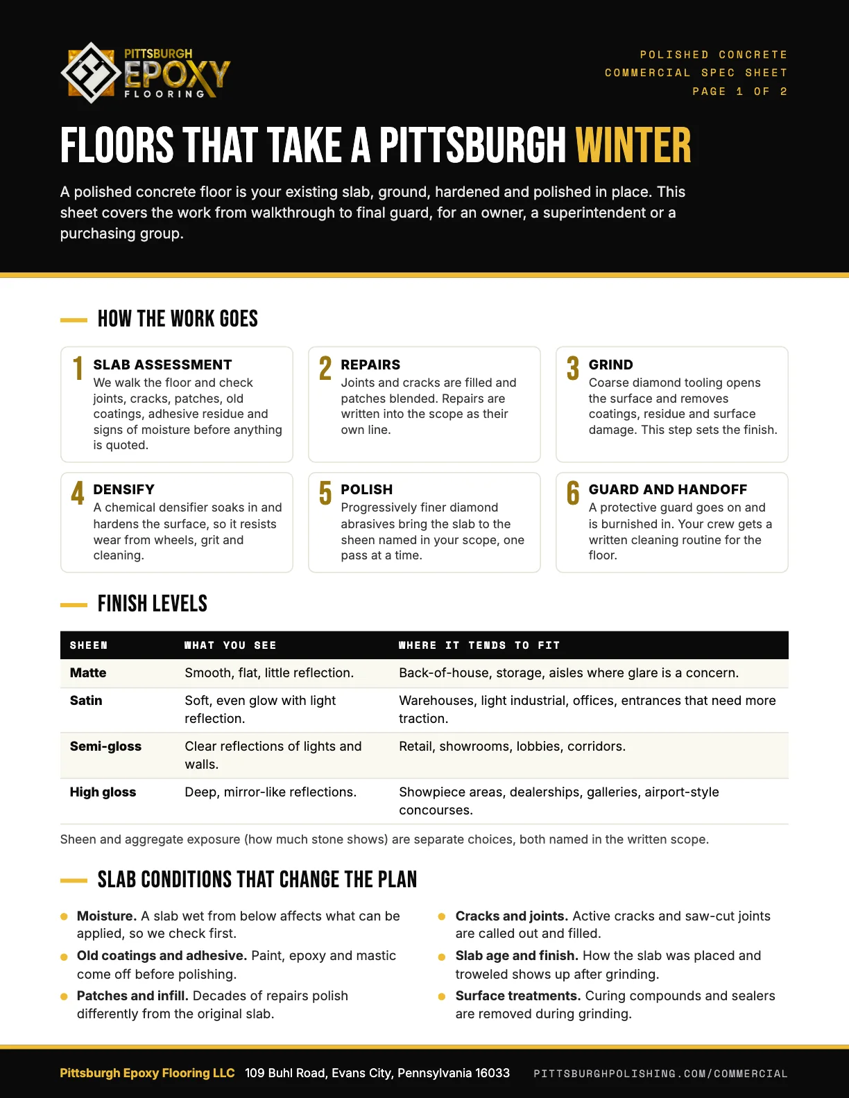First page of the Pittsburgh Epoxy Flooring polished concrete spec sheet